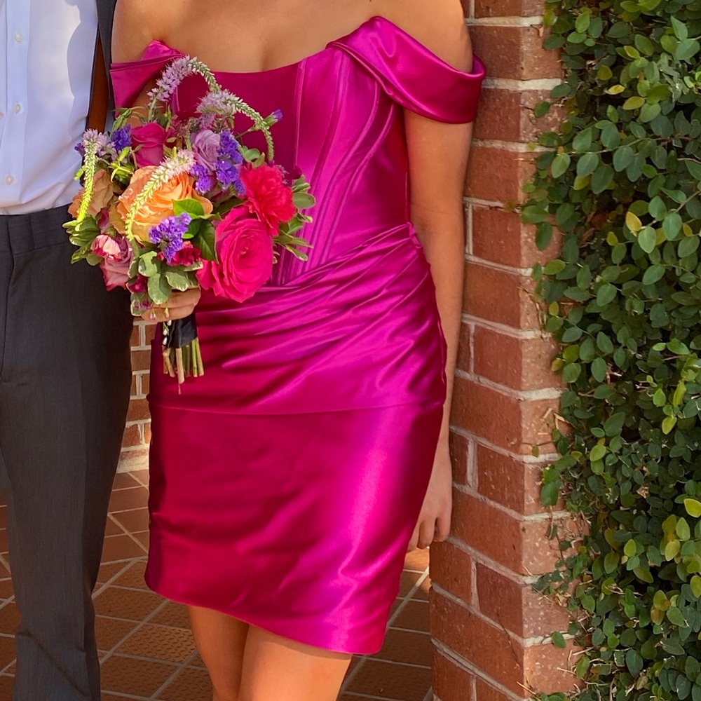 Sherri Hill Fuchsia Off-Shoulder Mini Dress